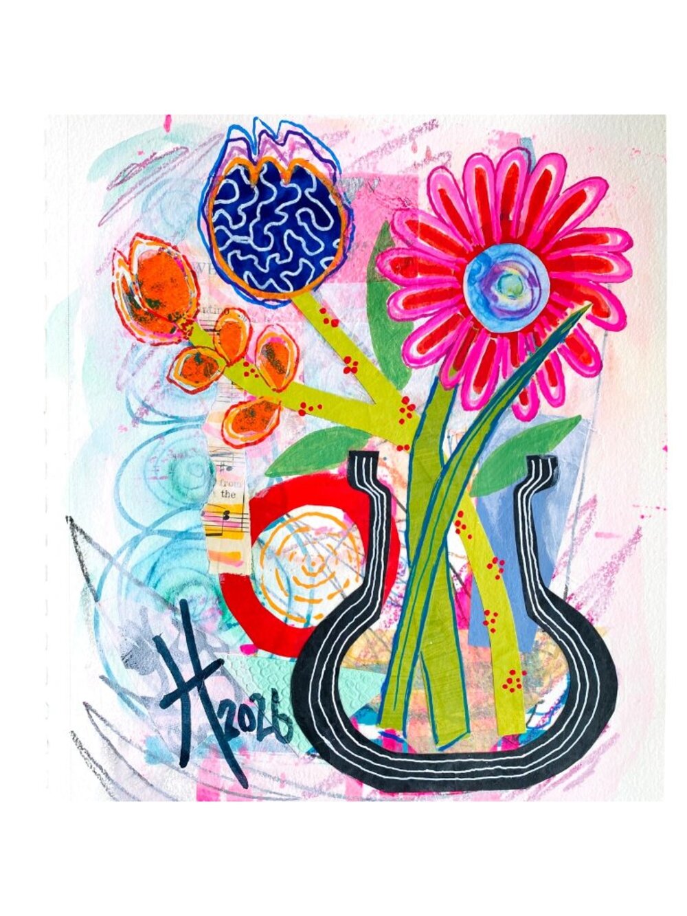 Spring Bouquet 3 Original Art Collage Painting 11x14in Matted Frame Ready